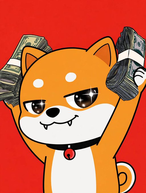An illustration of a cute orange and white cartoon dog/Shiba Inu character with sparkly eyes and small fangs, holding up stacks of money on a red background.