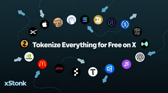 Promotional graphic by xStonk reading "Tokenize Everything for Free on X" surrounded by logos of various companies (NVIDIA, McDonald's, Apple) and crypto brands (Solana, Dogecoin, Polygon).