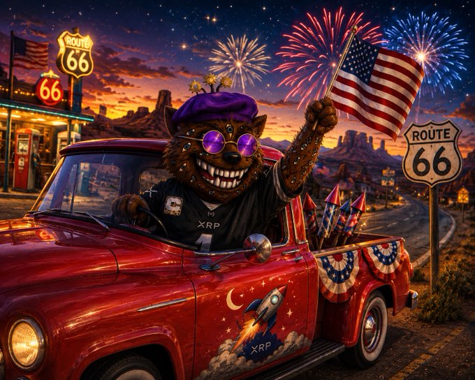 AI-generated 4th of July artwork showing an anthropomorphic bear character in sunglasses waving an American flag from a red pickup truck decorated with XRP/rocket decals, alongside a Route 66 sign and fireworks.