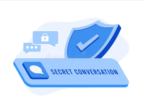 A blue isometric icon featuring a shield with a checkmark, speech bubbles with a padlock, and a banner reading 'SECRET CONVERSATION'.