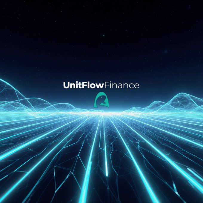 The image displays the "UnitFlowFinance" brand name and logo set against a futuristic, glowing blue digital landscape with radiating light beams and a starry sky. The tech-inspired visual reinforces the post's message of a reliable, high-yield DeFi system with lower gas fees, multiple chain deployments, and CertiK audit credentials signaling a trustworthy platform.