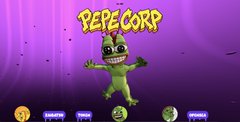 A video game screenshot featuring the text "PEPE CORP" above a green frog character in a space suit against a purple background, with menu buttons at the bottom.