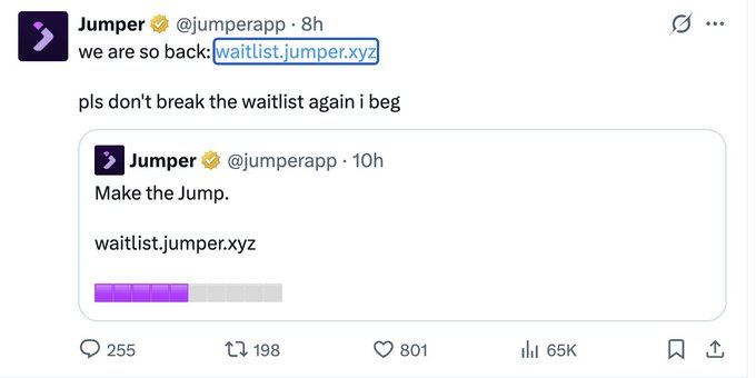 A screenshot of a Twitter/X post from Jumper (@jumperapp) announcing 'we are so back:' with a link to 'waitlist.jumper.xyz' and a quote tweet saying 'Make the Jump.'