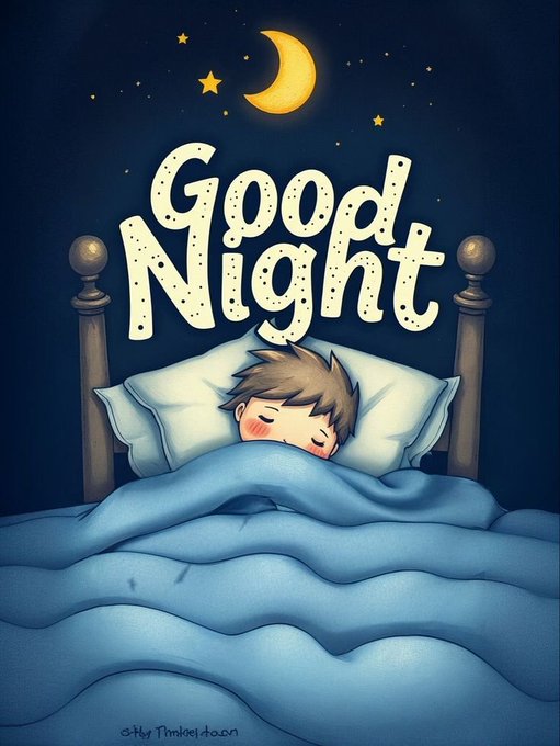 A cartoon illustration of a child sleeping under a blue blanket, with the text 'Good Night' and a crescent moon with stars above the bed.