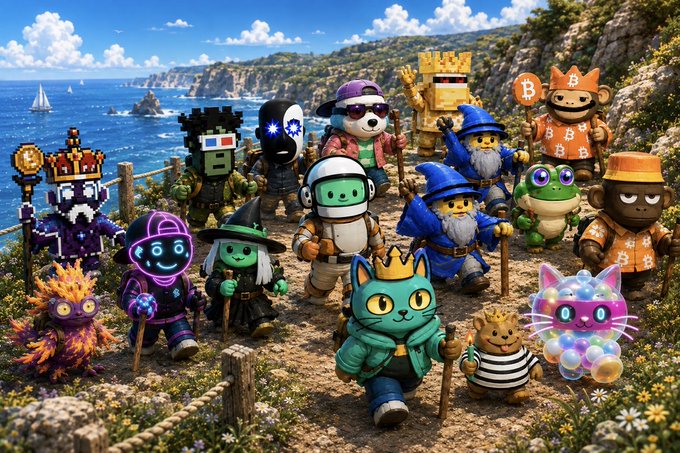A colorful digital illustration featuring various cartoon-style NFT characters, including a crowned cat, wizards, a panda, and a frog wearing Bitcoin clothing, gathered on a coastal cliff.