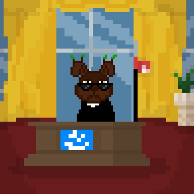 The image features a cartoon mouse sitting at a desk, wearing glasses and a black robe with a blue smiley face design. The mouse appears to be looking out of an office window or a doorway, giving the impression that they are observing their surroundings from within the room. There is also a potted plant visible in the scene, adding some greenery to the environment.