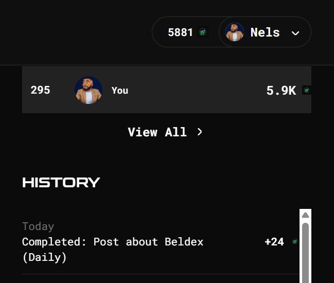 A user profile labeled "You" shows 5.9K points ranked 295th, behind "Nels" with 5881 points, while a history section displays a completed daily task "Post about Beldex" worth +24 points, illustrating the BeldexCoin loyalty program's point-based leaderboard system mentioned in the post.