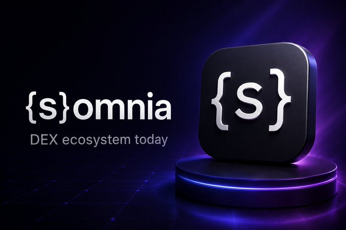 The image features a black square logo with white text that reads "@Somnia_Network" and "DEX ecosystem today". The background of the image is dark purple, which contrasts with the black square logo. There are also some blue lights in the bottom right corner of the image.
