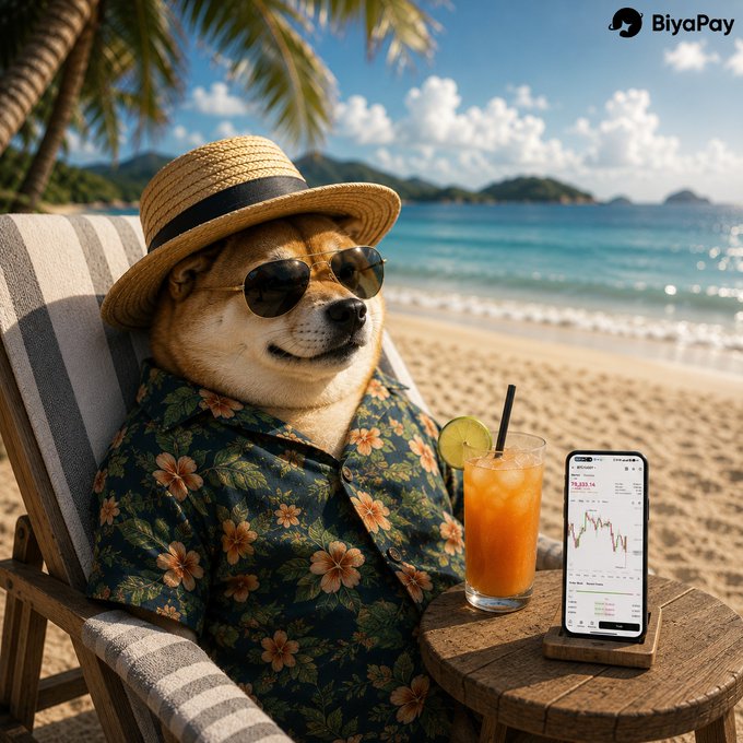 A photorealistic image of a Shiba Inu dog wearing a straw hat, aviator sunglasses, and a floral Hawaiian shirt, relaxing on a beach chair with a tropical drink and a smartphone displaying a stock chart, with the 'BiyaPay' logo in the corner.