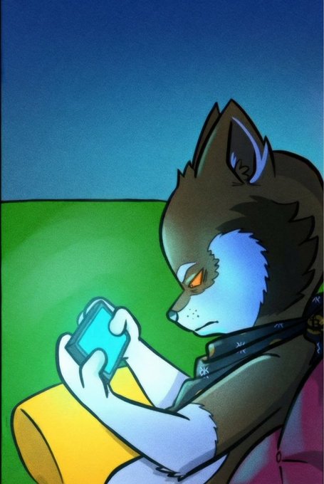An anthropomorphic cat character with blue and white fur uses a glowing smartphone while lying down against a green and blue background.