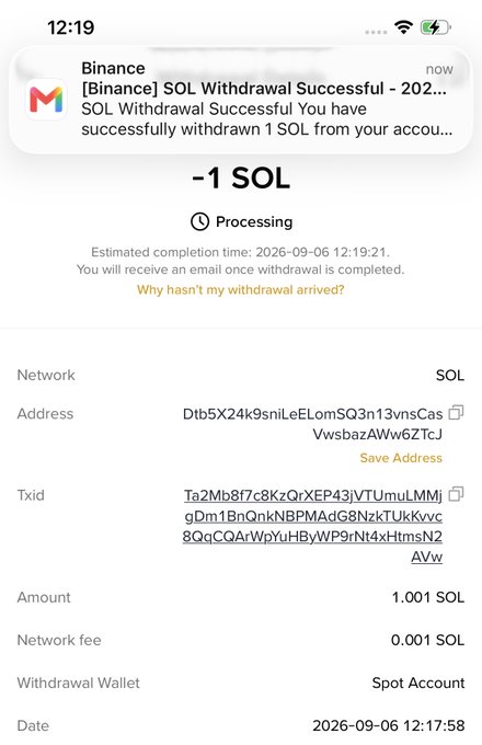 A screenshot from a crypto wallet showing a withdrawal of "-1 SOL" in "Processing" status, with a notification from Binance confirming "SOL Withdrawal Successful." The transaction details include a destination address beginning "Dtb5X24k9sniLeELomSQ3n13vnsCasVwsbazAWw6ZTcJ," a transaction ID (Txid), an amount of 1.001 SOL, a network fee of 0.001 SOL, withdrawn from a "Spot Account" on 2026-09-06 at 12:17:58. The image serves as proof of the 1 SOL giveaway mentioned in the accompanying tweet from "@jscalyy," who is promoting a Solana drop and claims to be sending winners free SOL to their provided addresses.