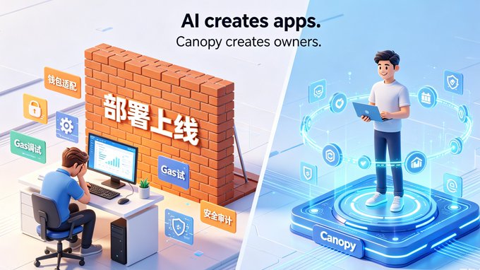 A split 3D illustration showing a frustrated developer behind a brick wall labeled "部署上线" (Deployment) with obstacles like "钱包适配," "Gas调试," and "安全审计," contrasted with a confident user on a glowing "Canopy" platform surrounded by tech icons, under the headline "AI creates apps. Canopy creates owners." The image visualizes the post's message about how Canopy (@CNPYNetwork) solves the final hurdle of deploying AI-generated Web3 code, transforming blocked developers into empowered product owners.