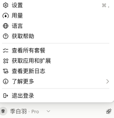 A screenshot of a mobile app settings menu in Chinese, showing options like 设置 (Settings), 用量 (Usage), 语言 (Language), and 获取帮助 (Get help), with the user profile name 季白羽·Pro at the bottom.