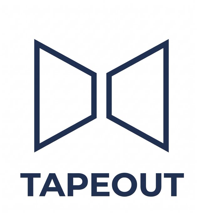 A minimalist logo featuring a dark blue, open book or book-like geometric shape above the word 'TAPEOUT' on a white background.