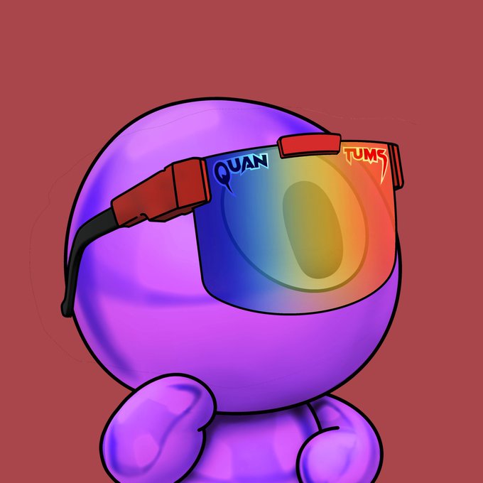 A glossy violet spherical character with a metallic finish wears large futuristic goggles displaying "QUANTUMS" on the lens and a red head-mounted device, featuring an oval pupil in its reflective visor—matching the Quantum #1690 NFT described with its Mog Shade backing now at 97 SPY.
