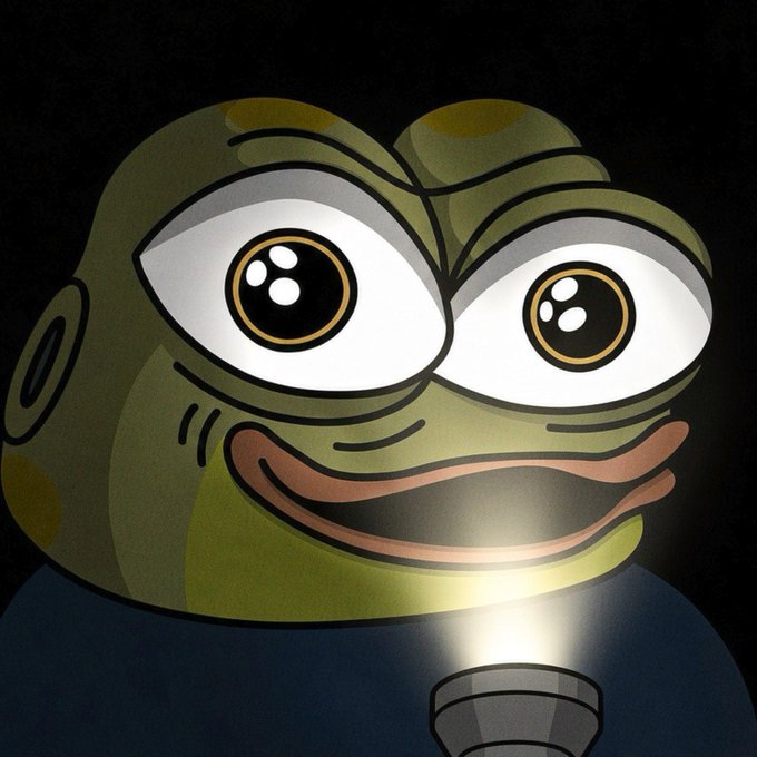 A meme-style illustration of the Pepe the Frog character with large expressive eyes, shown smiling while holding a flashlight that illuminates the dark background.
