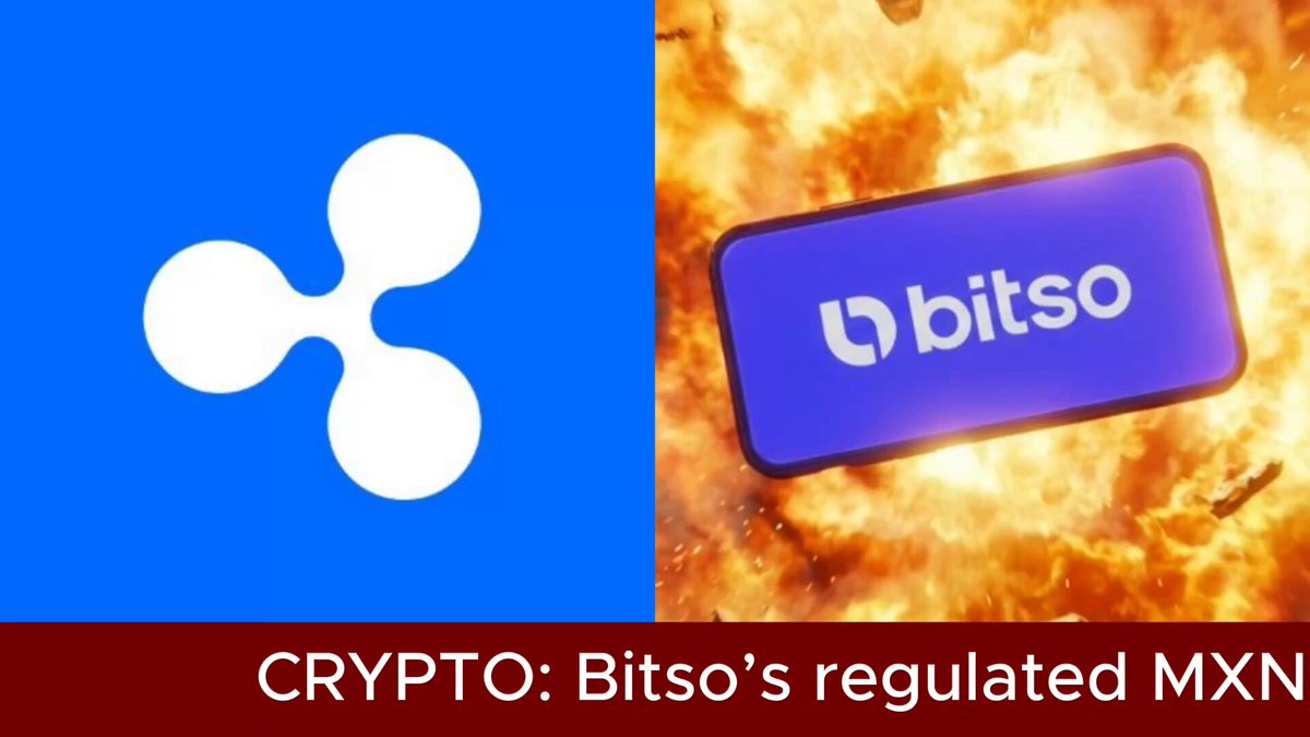 The image features a comparison of Ripple and Bitso logos, with Ripple's logo displayed above a digital explosion graphic and Bitso's logo below it. The text accompanying these visuals says "Ripple:: Bitcoins' regulated MXN". The post is discussing the partnership between Ripple and Bitso to enable regulated Latin American stablecoin settlement using Ripple's existing platform.