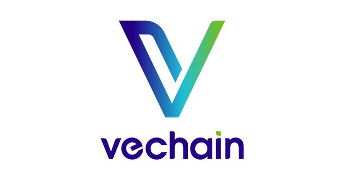 The VeChain cryptocurrency logo, featuring a stylized 'V' in blue and green gradient with the word 'vechain' written in purple below it on a white background.