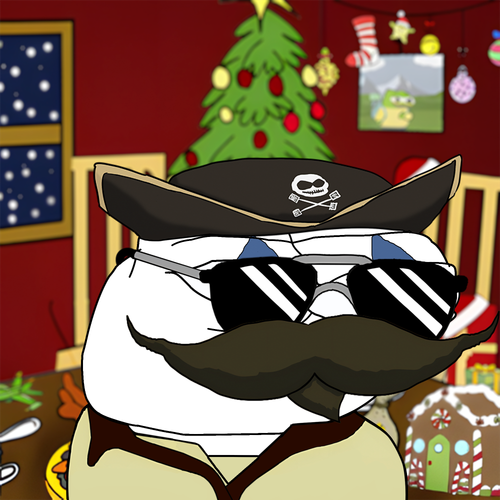 A cartoon-style illustration of a character with a large brown mustache, black sunglasses, and a pirate hat with skull and crossbones, set in a festive room with a Christmas tree and gingerbread house.