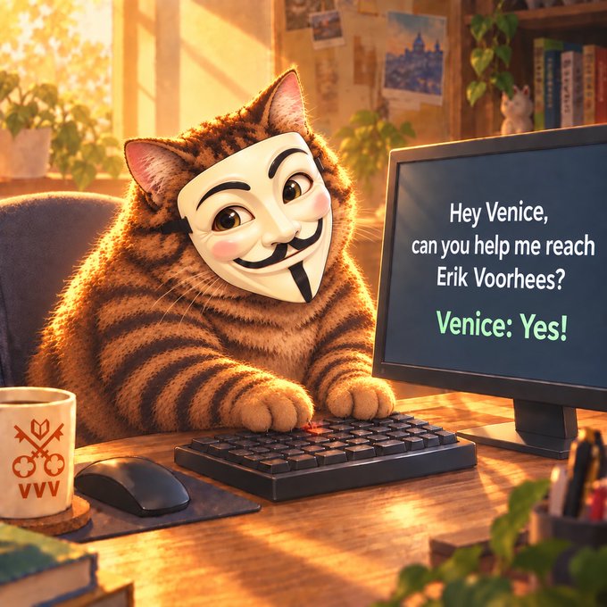 An AI-generated illustration of a tabby cat wearing a Guy Fawkes mask sitting at a desk using a keyboard, with a monitor displaying the text: 'Hey Venice, can you help me reach Erik Voorhees? Venice: Yes!'