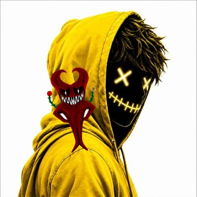The image features a person wearing a yellow hoodie with a red monster head design, which has a flower growing out of its mouth. The person's face is partially obscured by the hoodie, making them appear to be hiding or blending into their surroundings. In the background, there are two posts that read "Thanks for reading" and "@the_demoonz". These posts seem to be related to the image, possibly indicating a social media account or a fan page dedicated to the person with the monster head design on their hoodie.