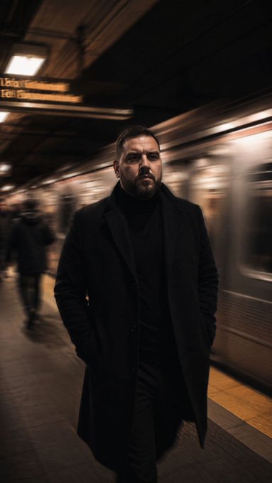 A man in a long black coat and turtleneck stands on a subway platform with a blurred train passing behind him.