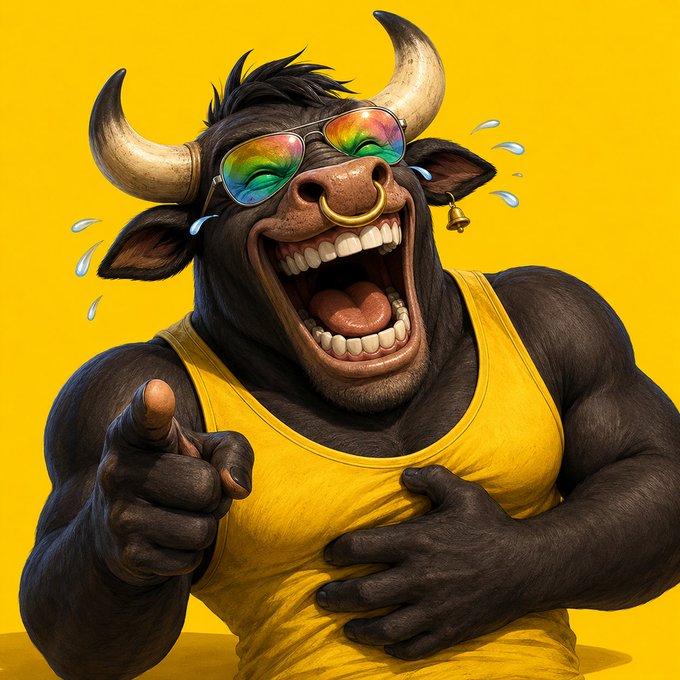A cartoon illustration of a muscular black bull wearing rainbow-reflective sunglasses and a yellow tank top, laughing hysterically with tears flying while pointing at the viewer against a bright yellow background.