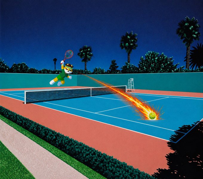 A cartoon tiger in tennis gear leaps at the net of a flaming tennis ball on an outdoor court at night, evoking the post's tagline "Wimbledon 2420 will be held on Mars" by blending retro mascot art with surreal, sci-fi spectacle.