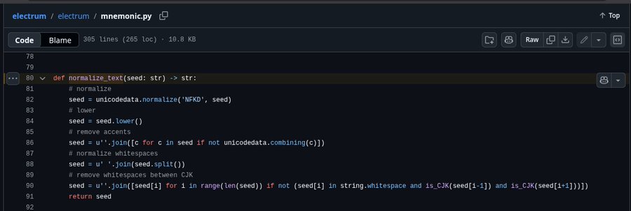 The image shows the `normalize_text` function from Electrum's `mnemonic.py` source code, which illustrates how the wallet normalizes passphrases by applying NFKD Unicode normalization, removing combining characters, and trimming whitespaces between CJK characters.