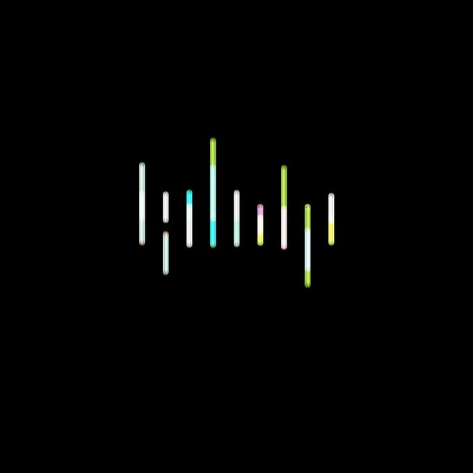A digital artwork on a black background featuring colorful, vertical line segments arranged like an audio waveform or data visualization.