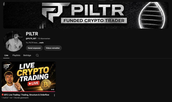A YouTube channel page for "PILTR - Funded Crypto Trader" (@PILTR_XBT) with 10 subscribers, featuring a thumbnail titled "LIVE CRYPTO TRADING" for "BTC Live Trading | Trading, Structure & Orderflow." The image corresponds to the user's post announcing a delay in their YouTube live stream plans, as the stream was postponed due to a schedule overlap, with the thumbnail shown being from a previous video.