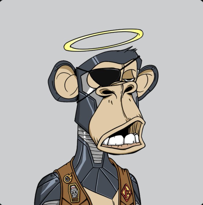 A cartoon illustration of a robotic monkey character with a grumpy expression, featuring large ears, a metallic cybernetic head, an eye patch, and a yellow halo floating above it.