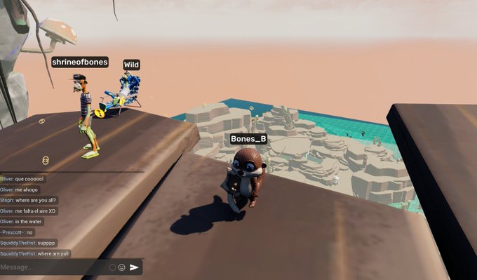 Another virtual world scene features otter avatars (shrineofbones, Wild, Bones_B) on a cliff edge overlooking water, with a chat box showing conversations about falling.