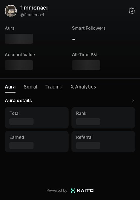 A dark-themed mobile app screen shows the profile for user 'fimmonaci' (@fimmonaci), displaying metrics for Aura, Smart Followers, Account Value, and All-Time P&L, with the app 'Powered by KAITO' at the bottom.