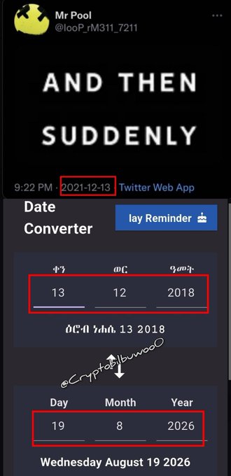 A Twitter post by "Mr Pool" (@looP_rM311_7211) dated December 13, 2021 displays a date converter showing 13/12/2018 converting to August 19, 2026, with the text "AND THEN SUDDENLY" above it, illustrating the post's theme that "The Riddlers always win" through a cryptic date transformation.