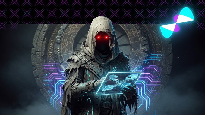 A hooded figure with glowing red eyes and tattered cloak holds a holographic tablet displaying vehicle diagrams, set against a mystical stone wheel background with neon circuit patterns.
