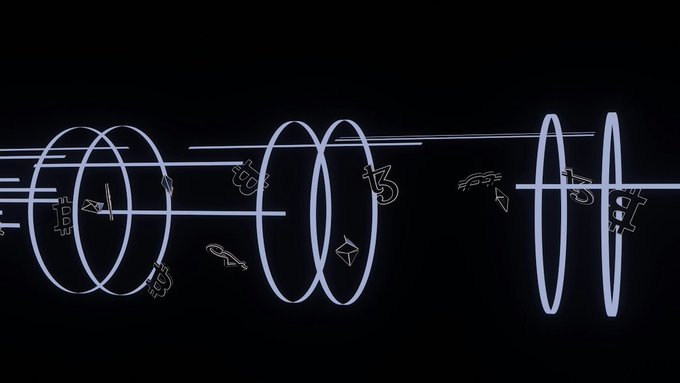 A glowing blue wireframe-style digital animation showing several rings or portals aligned in a row against a black background with small symbols and objects floating between them.