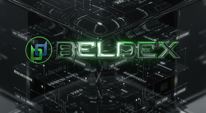 A dark, futuristic graphic with a glowing green and silver 'BELDEX' logo prominently displayed in the center, set against a tech-inspired background of circuit boards and digital patterns.