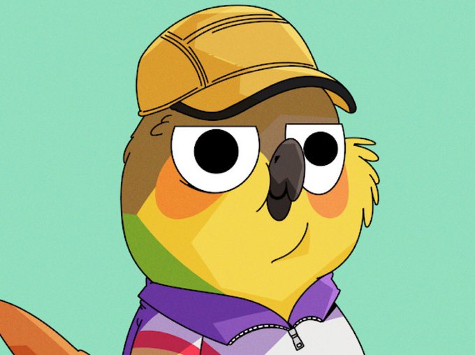 A cartoon bird mascot wearing a yellow baseball cap and purple-striped tracksuit jacket, resembling the Cheems internet meme. The image appears to be promotional artwork for the giveaway post offering 10x GTD spots to @H00dR00st, likely used as a fun, community-style avatar for the crypto promotion.