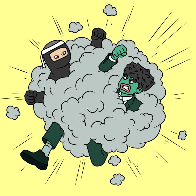 A cartoon illustration shows a ninja wearing black and a man in a green suit with green skin fighting in a cloud of smoke, with the ninja appearing to punch the green-faced man.