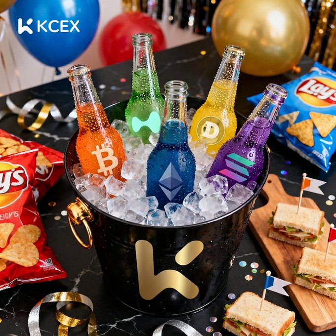 A KCEX promotional image showing a bucket of ice with bottles containing colored liquids featuring cryptocurrency logos (Bitcoin, Ethereum, Solana), surrounded by Lay's chips and small sandwiches with party decorations.