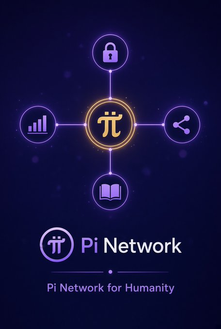 Promotional graphic for Pi Network featuring a central Pi symbol surrounded by icons representing security, analytics, sharing, and a book, with the tagline 'Pi Network for Humanity'.
