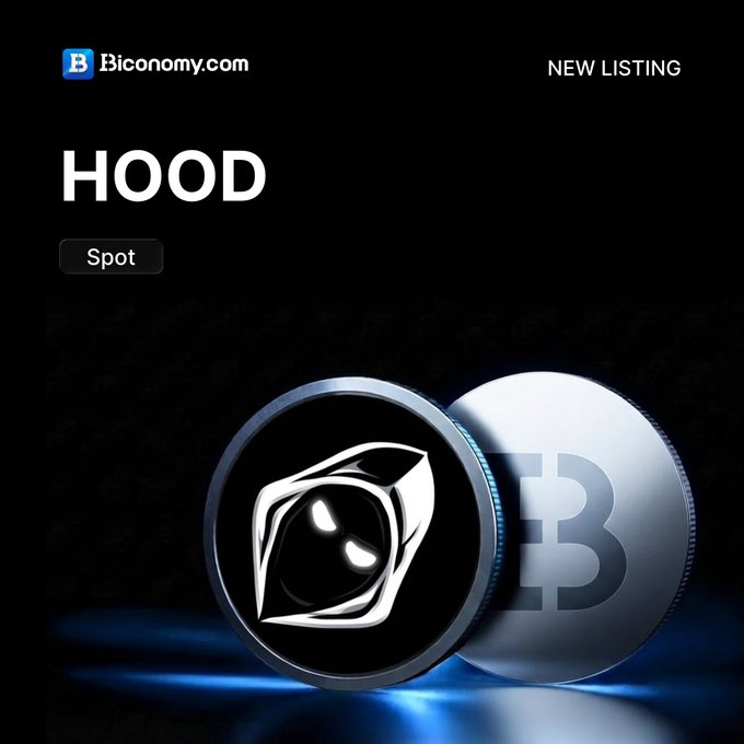 A promotional graphic announces the new listing of the 'HOOD' token as a Spot listing on Biconomy.com, featuring a 3D coin with a hooded figure logo.