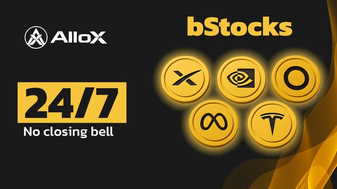 An advertisement for AlloX bStocks featuring gold tokens with various logos and the text '24/7 No closing bell'.