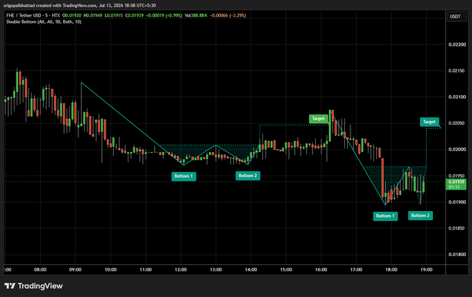 A TradingView chart for the FHE / Tether (USDT) pair on Binance, displaying a 'Double Bottom' technical analysis pattern with marked support and resistance levels, indicating a current price of 0.01919.