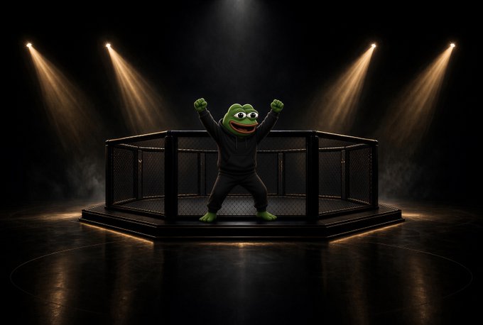 Kermit the Frog triumphantly raises his arms in a UFC octagon under dramatic spotlights, symbolizing the victorious prediction needed for the Wednesday Giveaway predicting the winner of Hernandez vs Rodrigues.