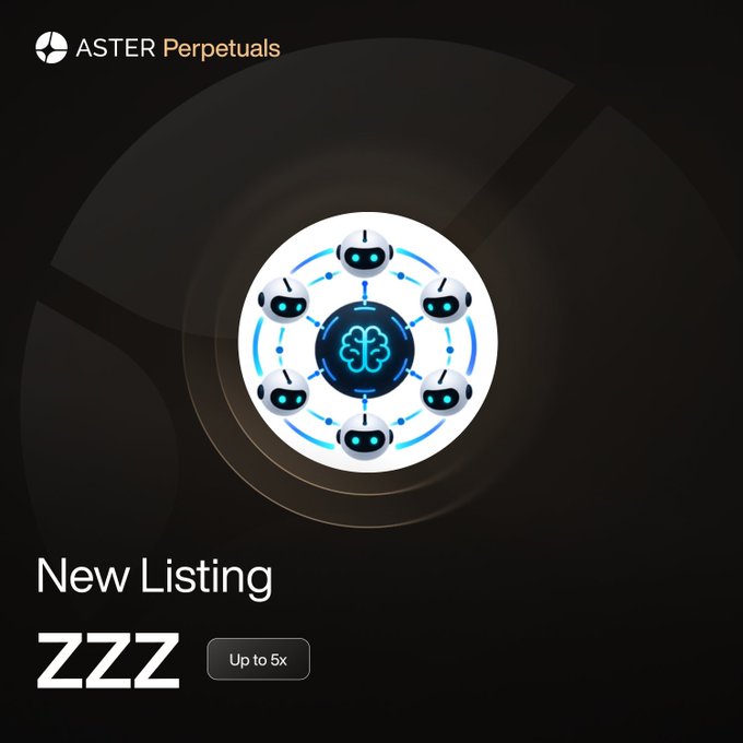 A promotional graphic from ASTER Perpetuals announces a new listing for $ZZZ with up to 5x leverage, featuring a dark background and a central circular design depicting robots surrounding an AI brain icon. The image visually emphasizes the automated/AI nature of the new perpetual contract offering.