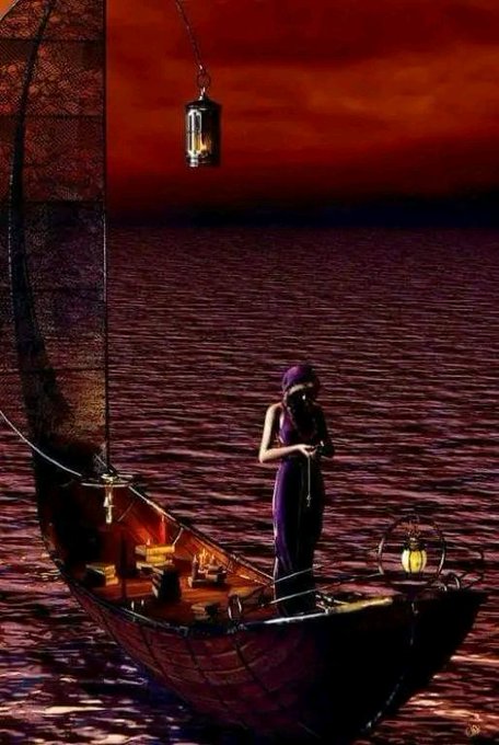 A digital artwork of a woman in a purple dress standing on a wooden boat at sea under a dramatic crimson sky, with a lantern hanging above her.