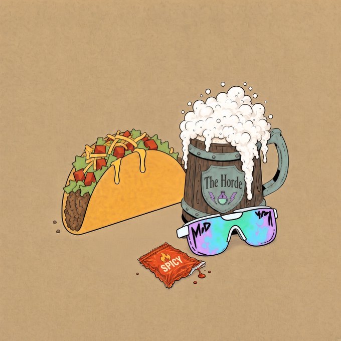 An illustration on a brown paper background depicts a hard-shell taco, a frothy wooden stein labeled 'The Horde,' iridescent sunglasses, and a 'My Daddy Spicy' sauce packet.