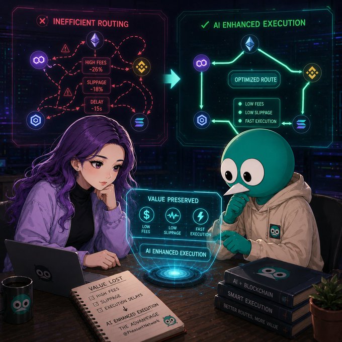 Stylized illustration contrasting 'Inefficient Routing' (with high fees, slippage, and delays) against 'AI Enhanced Execution' (with optimized routes, low fees, low slippage, and fast execution), featuring anime-style and cartoon characters.